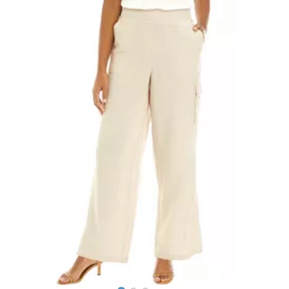 NWT Sharagano Women White Linen Pants With Cargo Pocket Elastic Back Waist sz XL - Picture 6 of 6